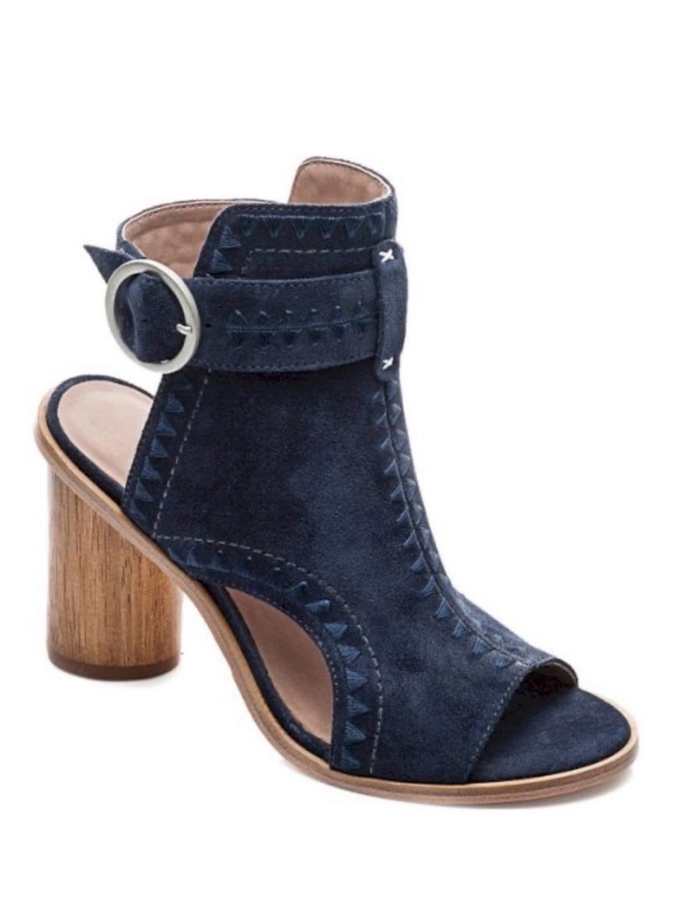 Bernardo Harper Embroidered Peep Toe Block Heel Shooties Navy Blue